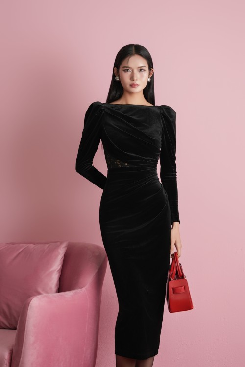 Sixdo Black Velvet Sarong Dress